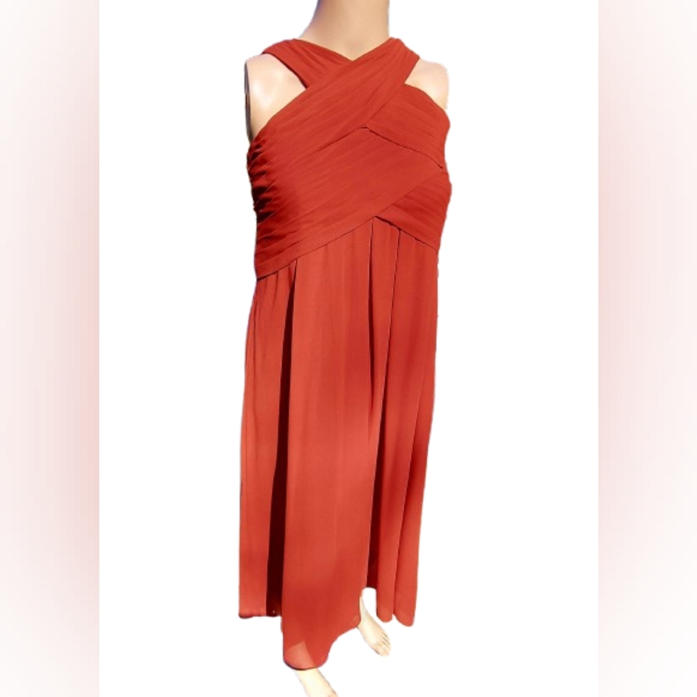 Bill Levkoff 82955 Rust CrissCross Boddice Chiffon Halter Pleated Formal Gown - Picture 4 of 10
